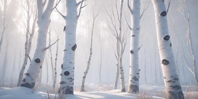 The primary subject of the image is a snowy forest with a group of trees. The setting is a winter landscape, and the visual style appears to be a digital art or illustration. The dominant colors in the image are white and gray, creating a serene and cold atmosphere.